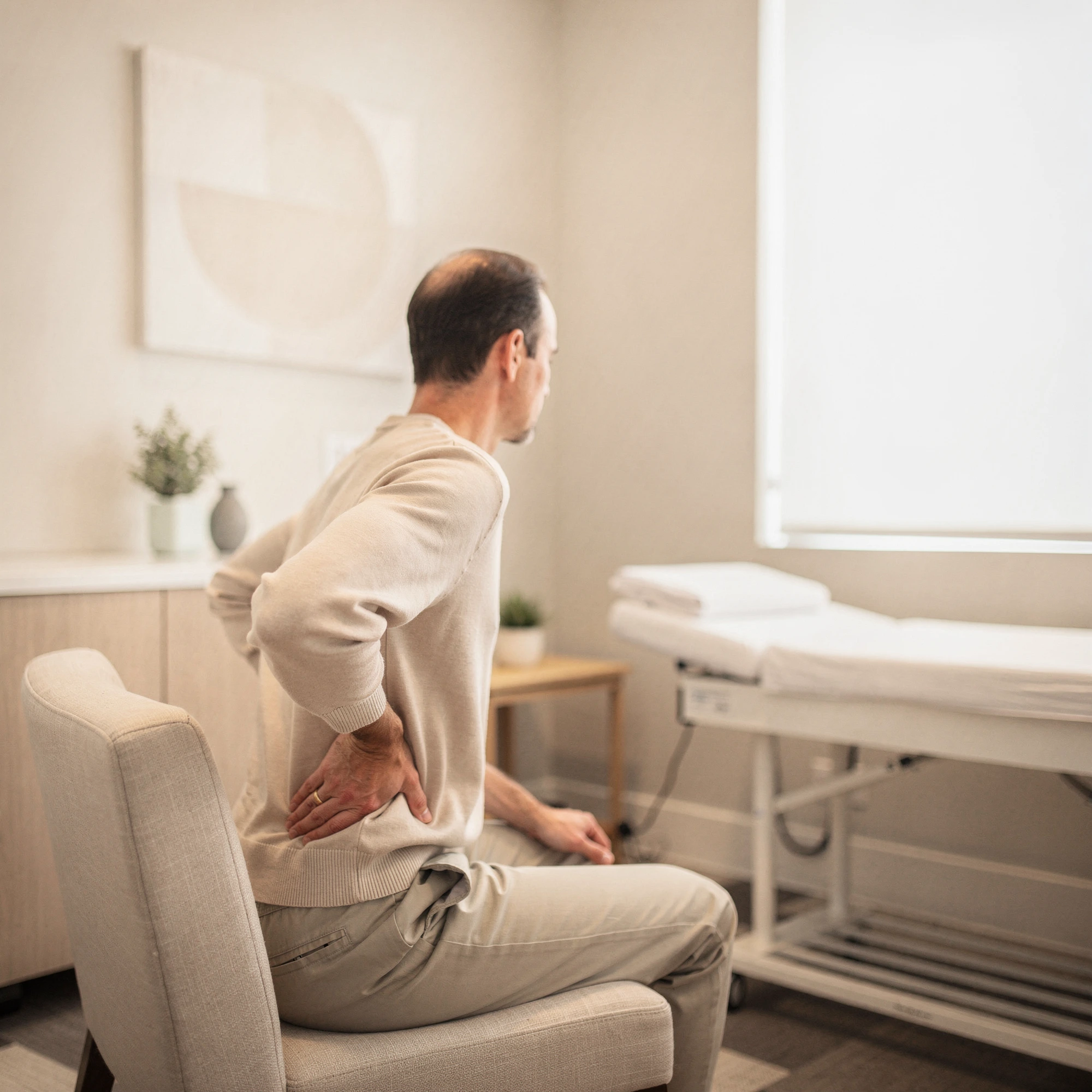 Man sitting in a clinic exam room holding his lower back in pain